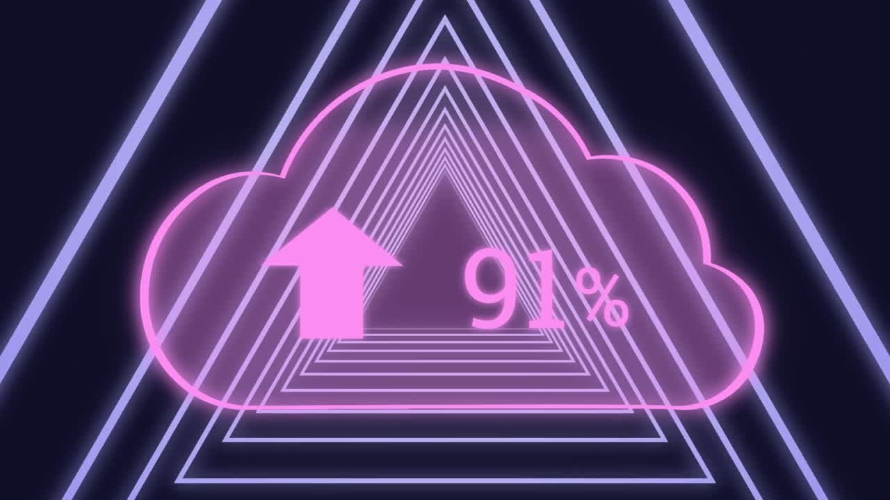 네온 삼각형 위에 점점 더 많은 수의 구름의 애니메이션