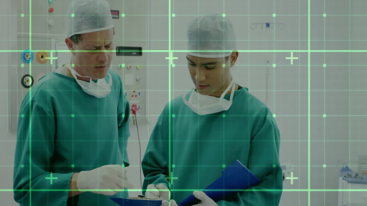 Two male surgeons reviewing patient notes inside operating room, showing animated medical charts