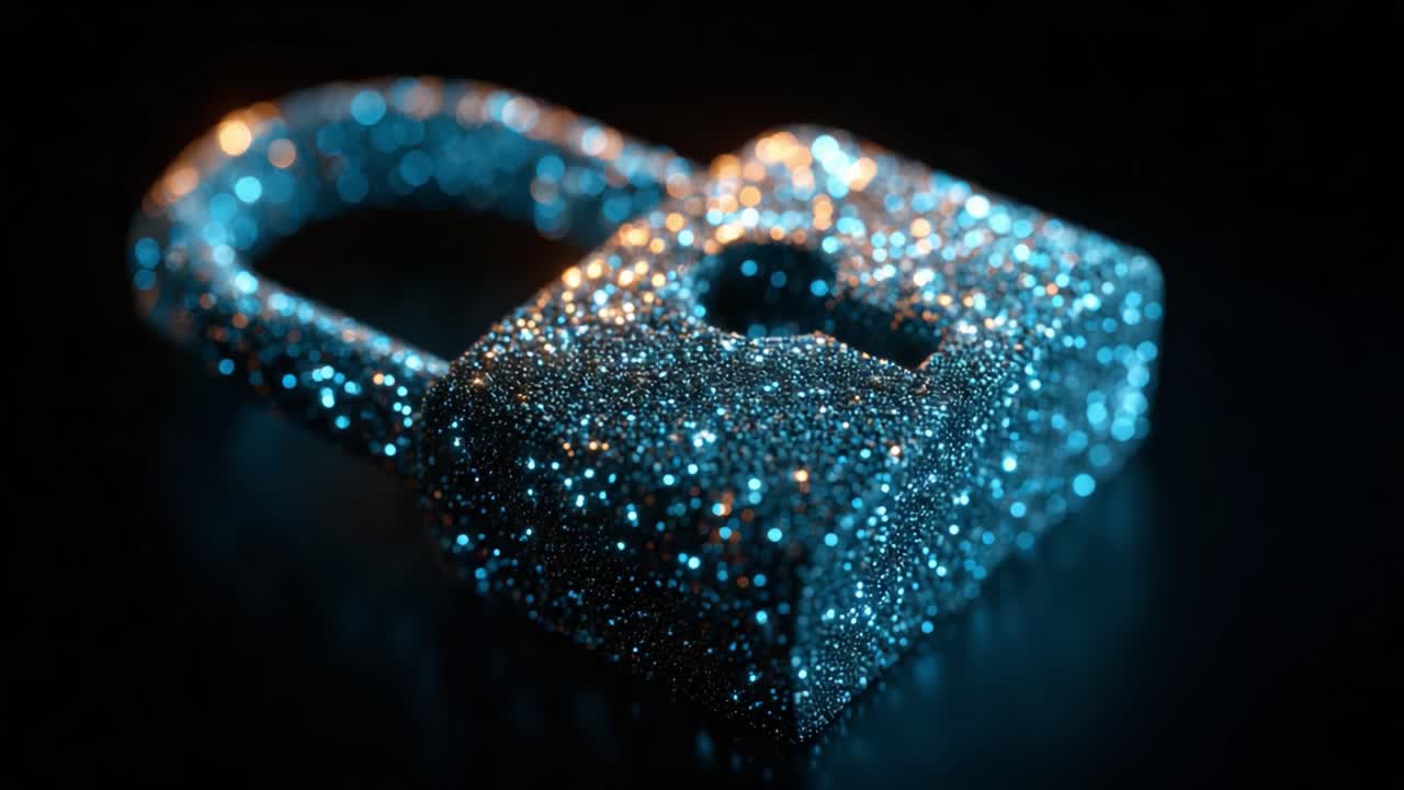 A shimmering lock, glistening with sparkling particles, symbolizes security and protection in a visually captivating contrast against a darker backdrop