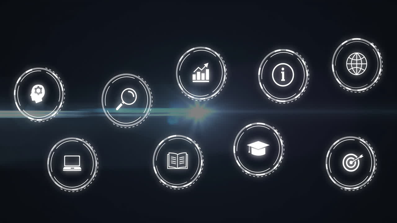 Animation of glowing icons for education and technology on dark background