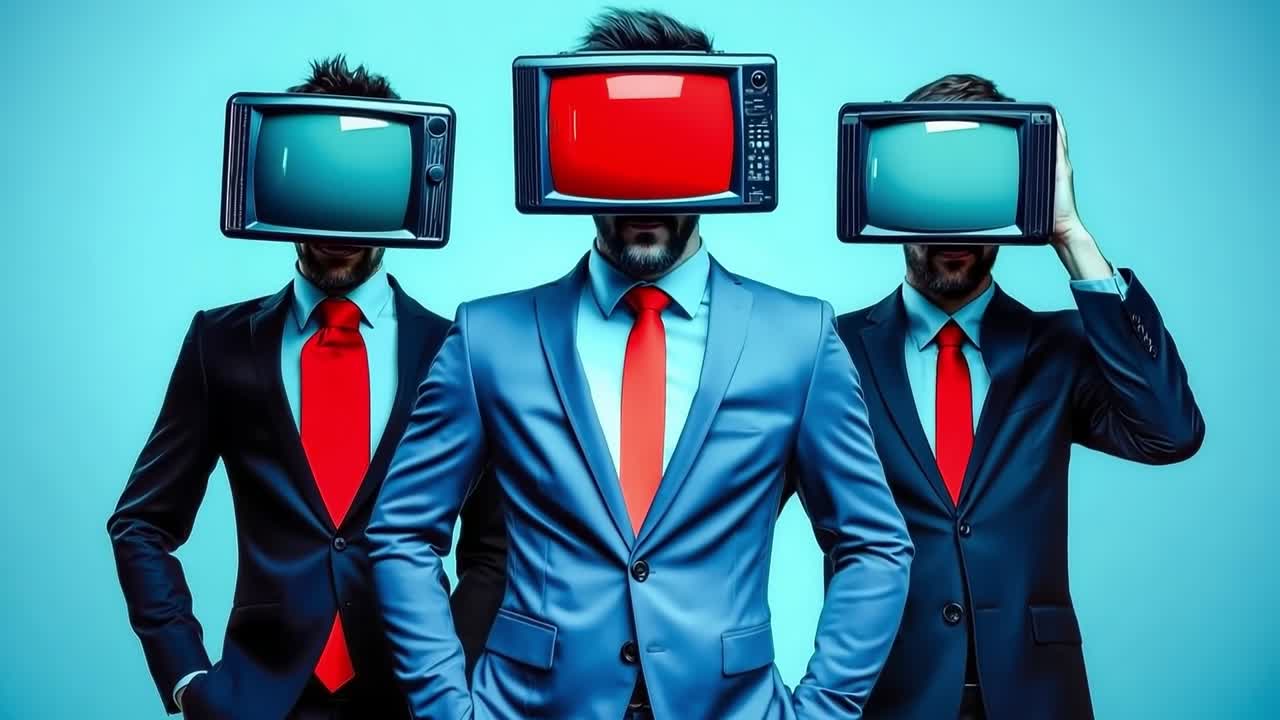 빨간 타이를 입은 세 명의 남자들이 머리에 텔레비전을 착용하고 있습니다.