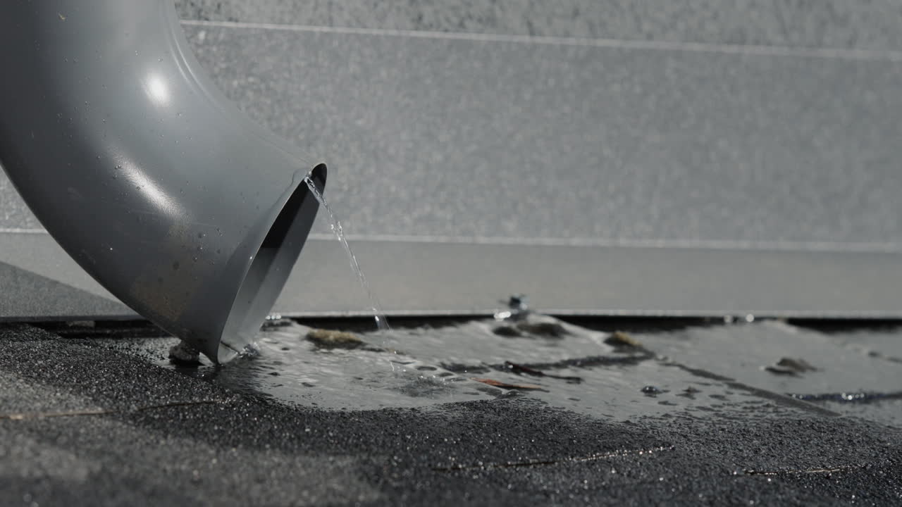 녹은 물이 파이프 밖으로 흘러나옵니다. 집 지붕에 눈이 녹는다