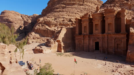 Top-down-panning-shot-of-the-ancient-ruins-of-The-Monastery-in-Petra