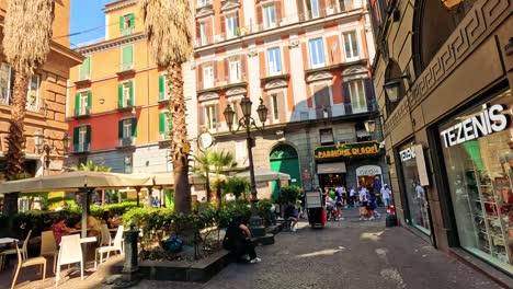 vibrant street scene with cafes and shops