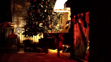 instalación de vacaciones de invierno con chimenea y árbol de navidad en imágenes de bucle