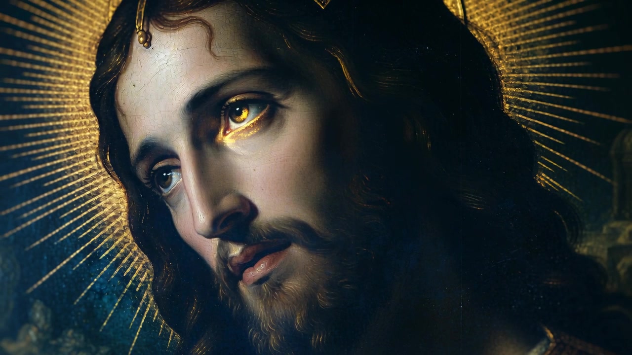 Telecamera che si allontana rivelando un'icona devozionale in una cappella per mostrare un'aureola d'oro, un diadema e una veste ornata.