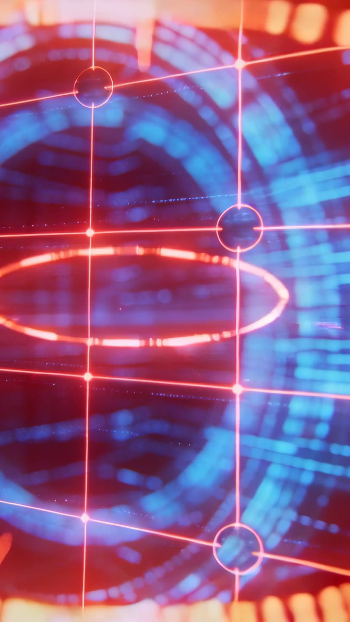 Vertical video: Rotating blue rings scanning in void, red ring entering right causing node pulses