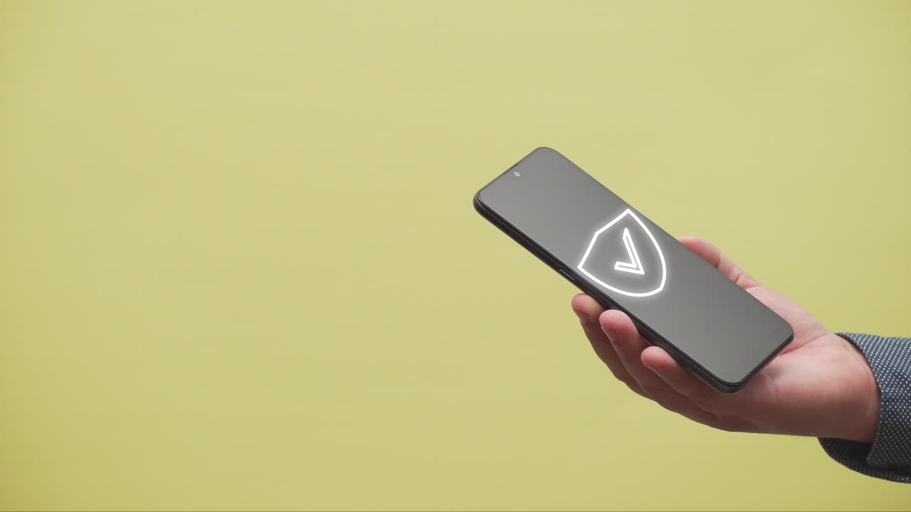 mão mostra um escudo com um ícone de marca de seleção em um smartphone