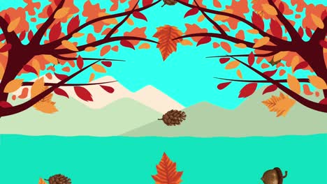 hola animación de otoño con rama de árbol y hojas escena del paisaje