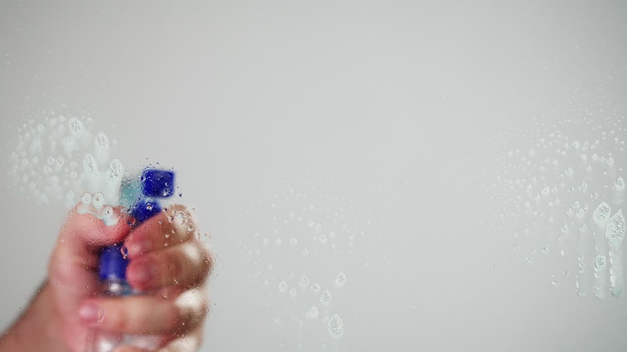 Primo piano di una mano che spruzza una soluzione detergente sul vetro