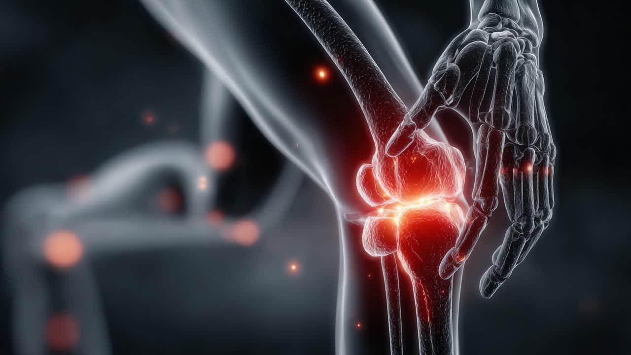En detaljeret visualisering af ledsmerter: En anatomisk repræsentation, der fremhæver inflammation og ubehag i det menneskelige knæledsområde