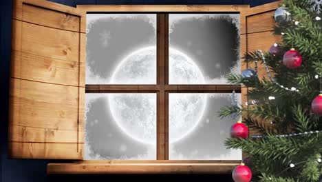 Christmas-tree-and-wooden-window-frame-against-shining-stars-and-moon-in-the-night-sky