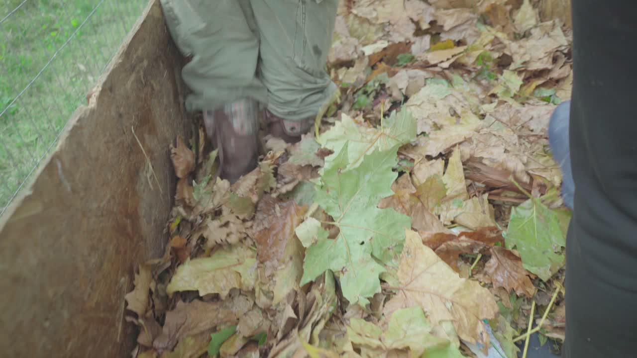 Women prepare a home wooden compost heap box. They with their feet crush the organic waste.