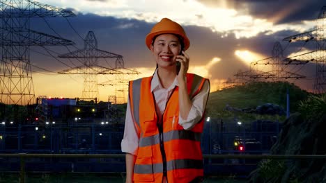 female engineer talking on phone at power plant
