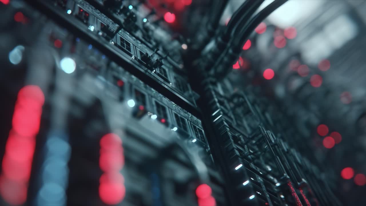 An Intricate View of a High-Tech Server Environment with Red and Blue Lighting Creating a Futuristic Ambiance in a Data Center
