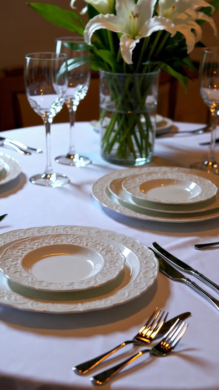 Elegant Dining Table Setting with White Lilies and Dinnerware