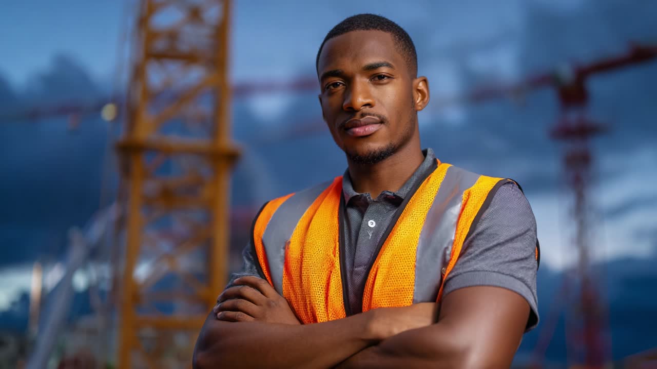 Confident Construction Worker in Safety Vest Against Urban Skyline: A Bold Representation of Professionalism and Pride in the Construction Industry as Day Transitions to Night