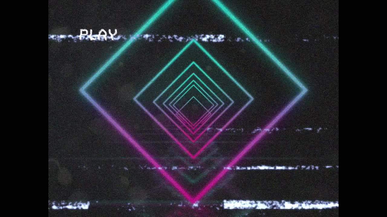 animación de la interfaz de reproducción con interferencia y diamantes de neón azul y rosa, moviéndose en negro