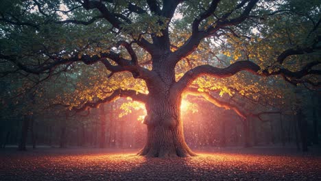 a majestic tree bathed in ethereal light: capturing the beauty of nature's splendor in a serene woodland landscape