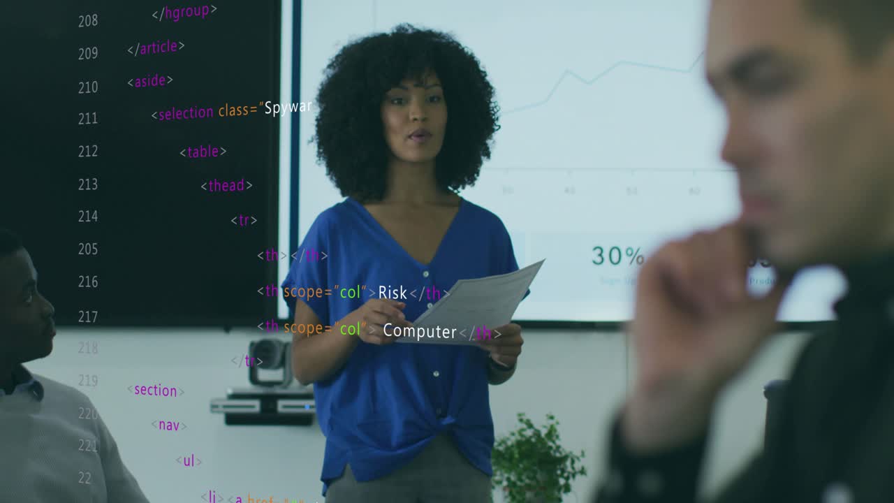 Woman presenter checking notes and pointing chart explaining security trends while code evolving