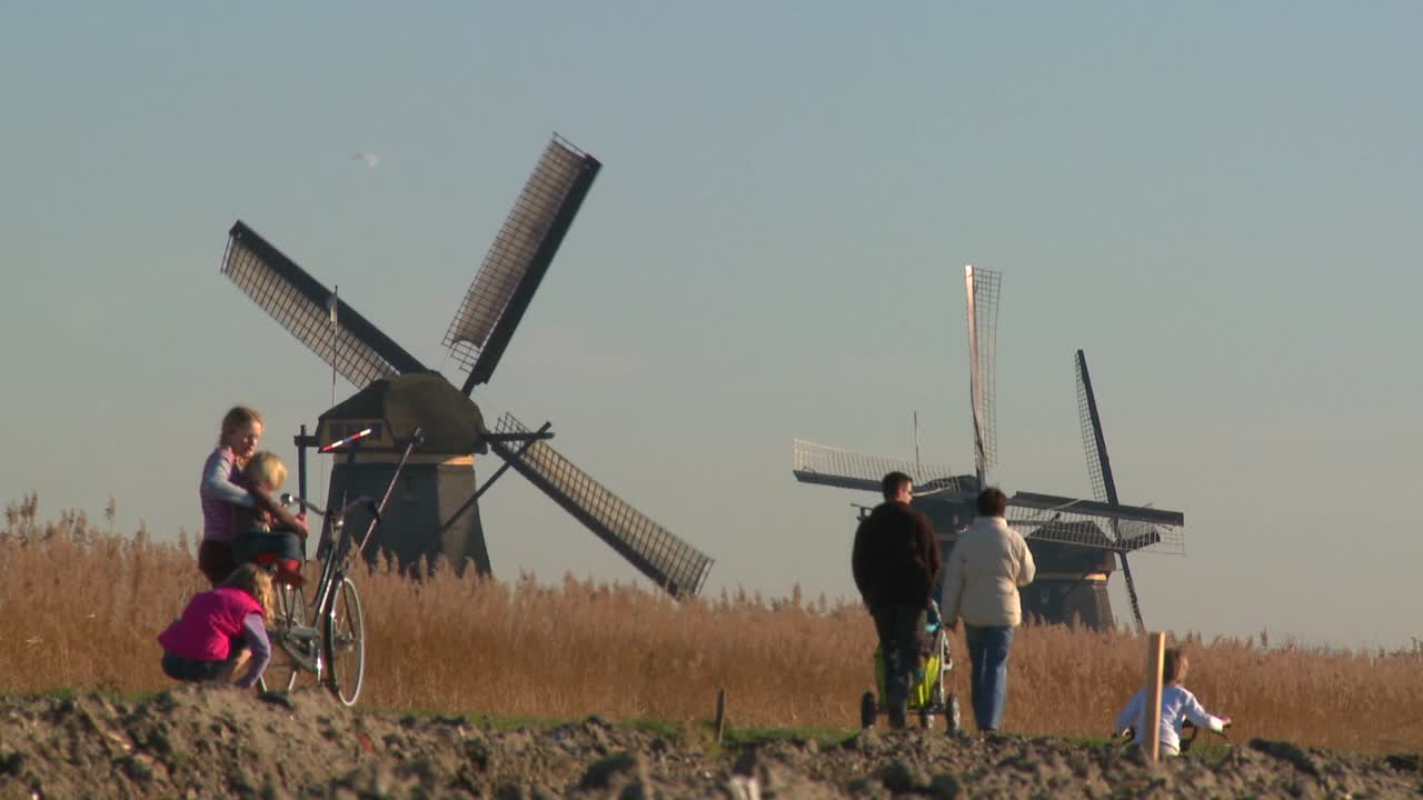 жители голландии гуляют по пешеходной дорожке перед ветряными мельницами