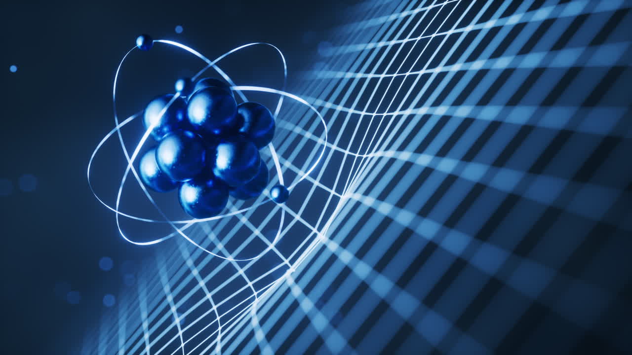 Physics atom with dark blue background, 3d rendering.
