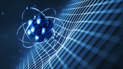 physics atom with dark blue background, 3d rendering.