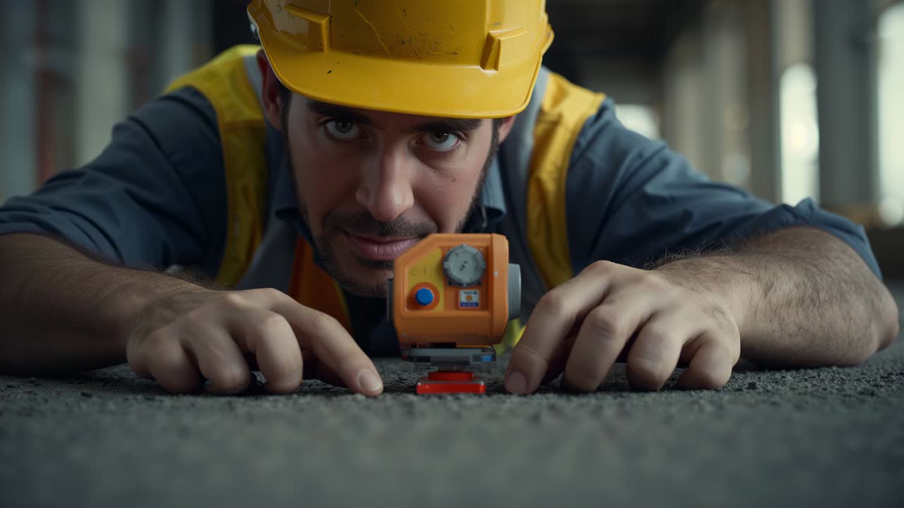 Placing laser level on floor helmeted laborer kneeling in corridor aligning red spacer for leveling