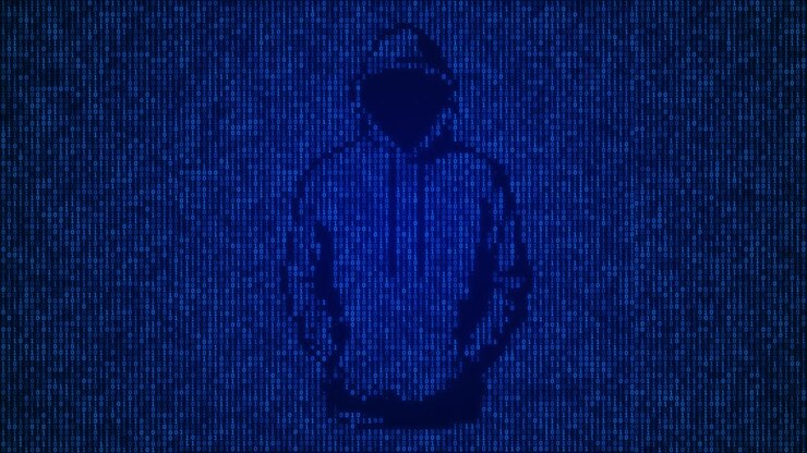 Silhouette Digitale Blu di Hacker in Loop su Sfondo Matrice di Codice Binario, Animazione di Attacco di Sicurezza Informatica, Ransomware e Violazione dei Dati