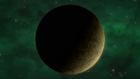 cgi close up of rocky green alien planet rotating with a greenish nebula cloud in the background, deep space, wide view