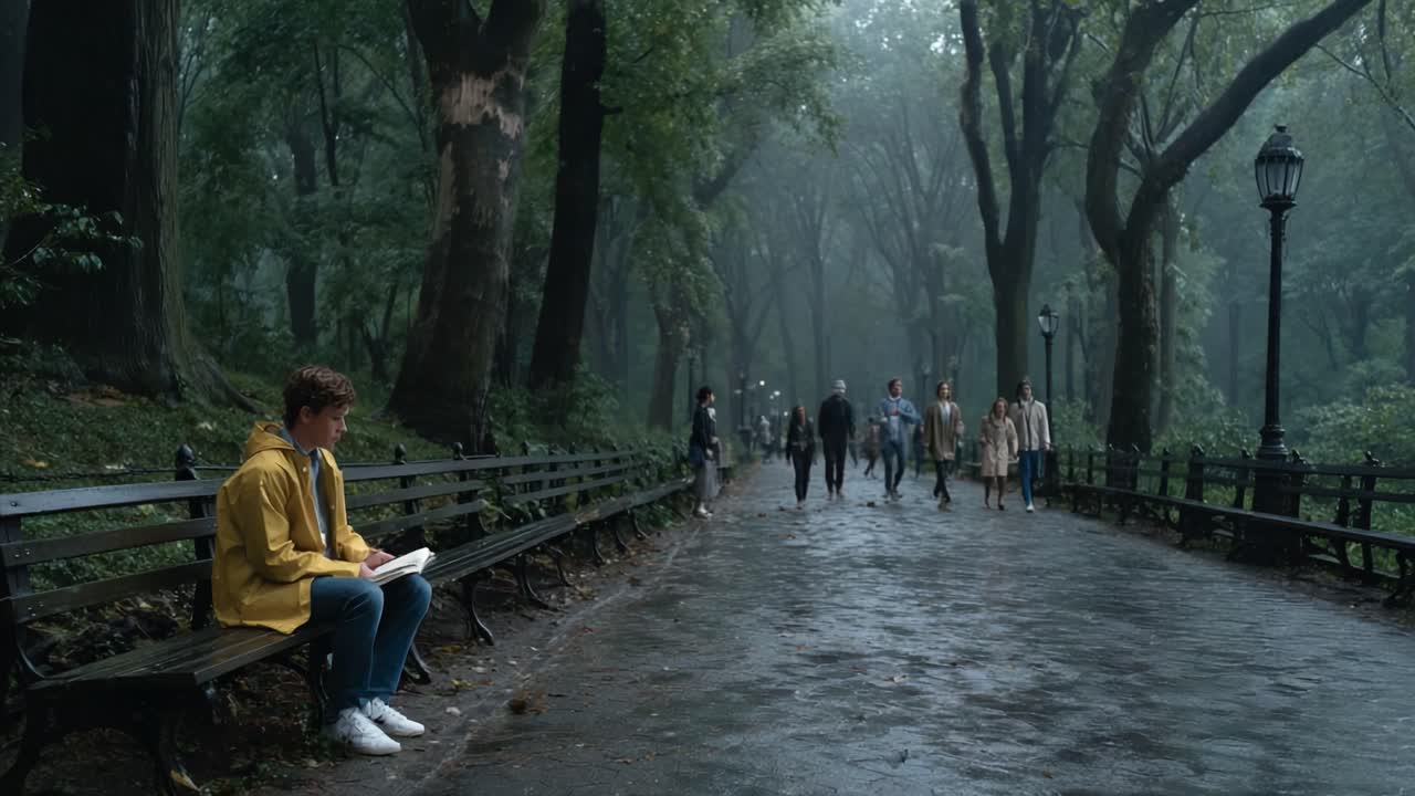 A solitary figure in a yellow jacket sits reading a book on a park bench, surrounded by a misty and serene environment as people walk by in this tranquil setting