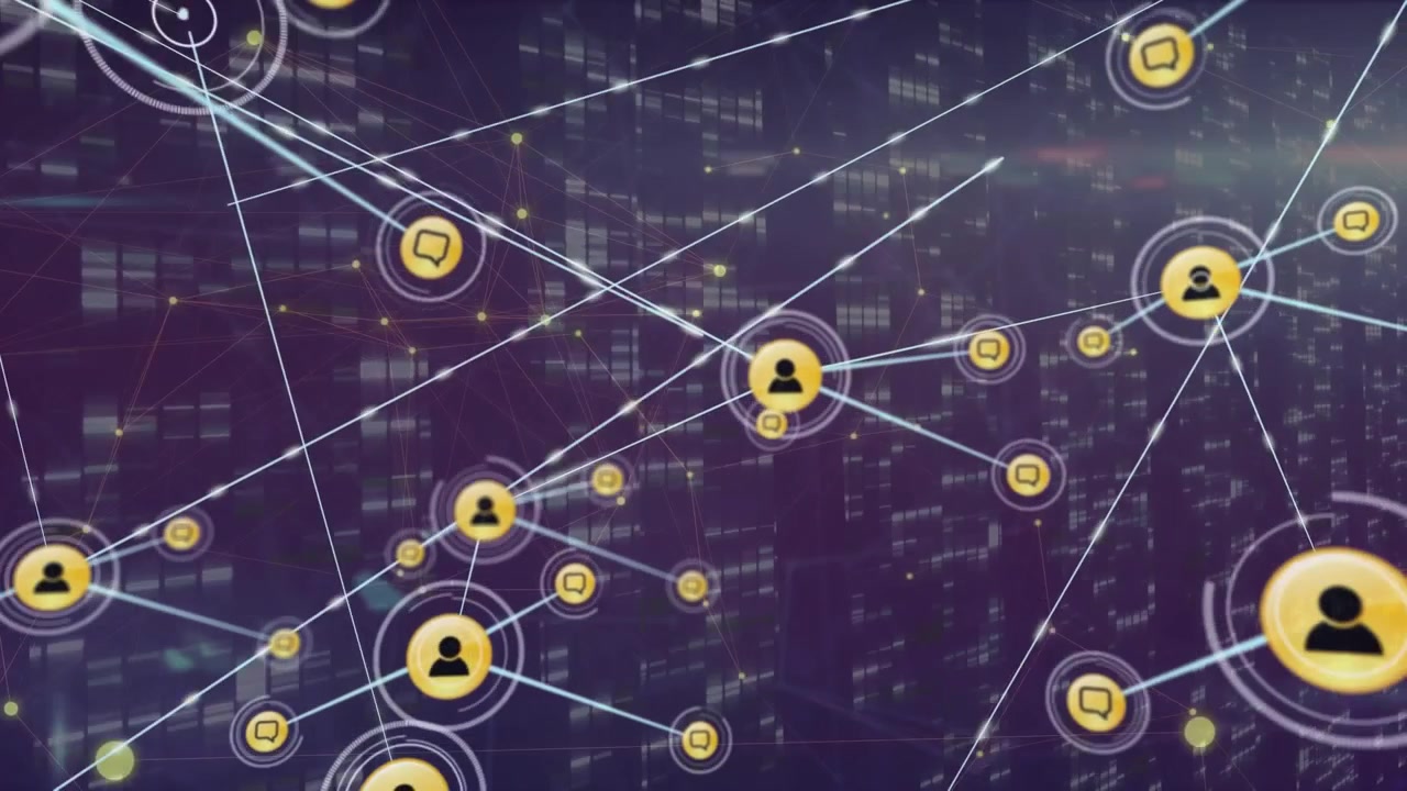 Animazione di rete di connessioni con icone su forme su sfondo blu