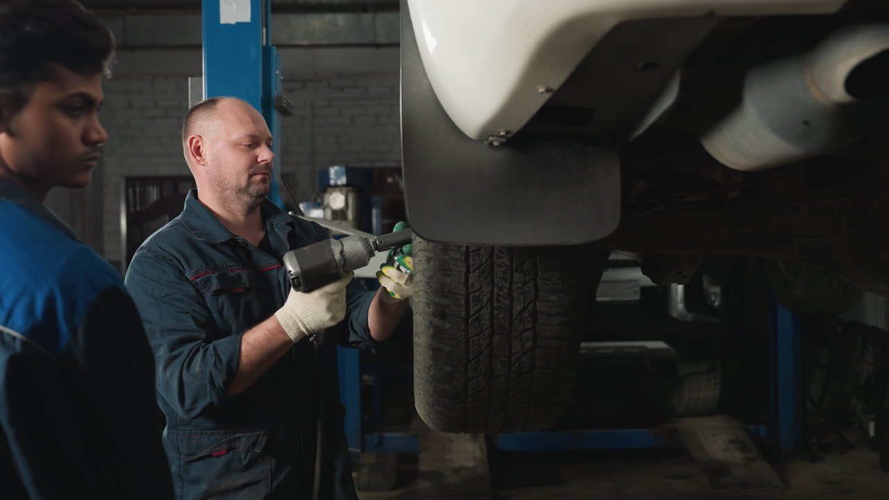 vista trasera de un mecánico en uniforme azul viendo a su colega usar una herramienta neumática para aflojar el perno de un coche en un garaje, el mecánico recibe un perno para sostener mientras el vehículo permanece levantado