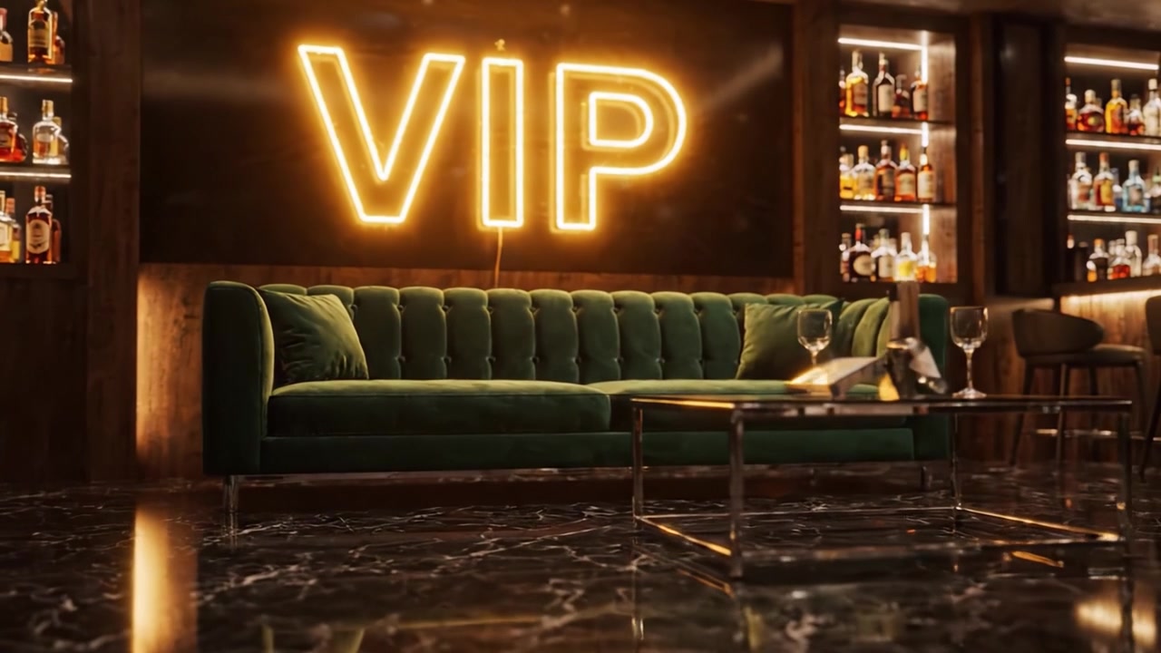 Elegant VIP-lounge med en stilfuld grøn sofa oplyst af et klart neonskilt, omgivet af hylder med premium spiritus og et elegant marmorgulv.