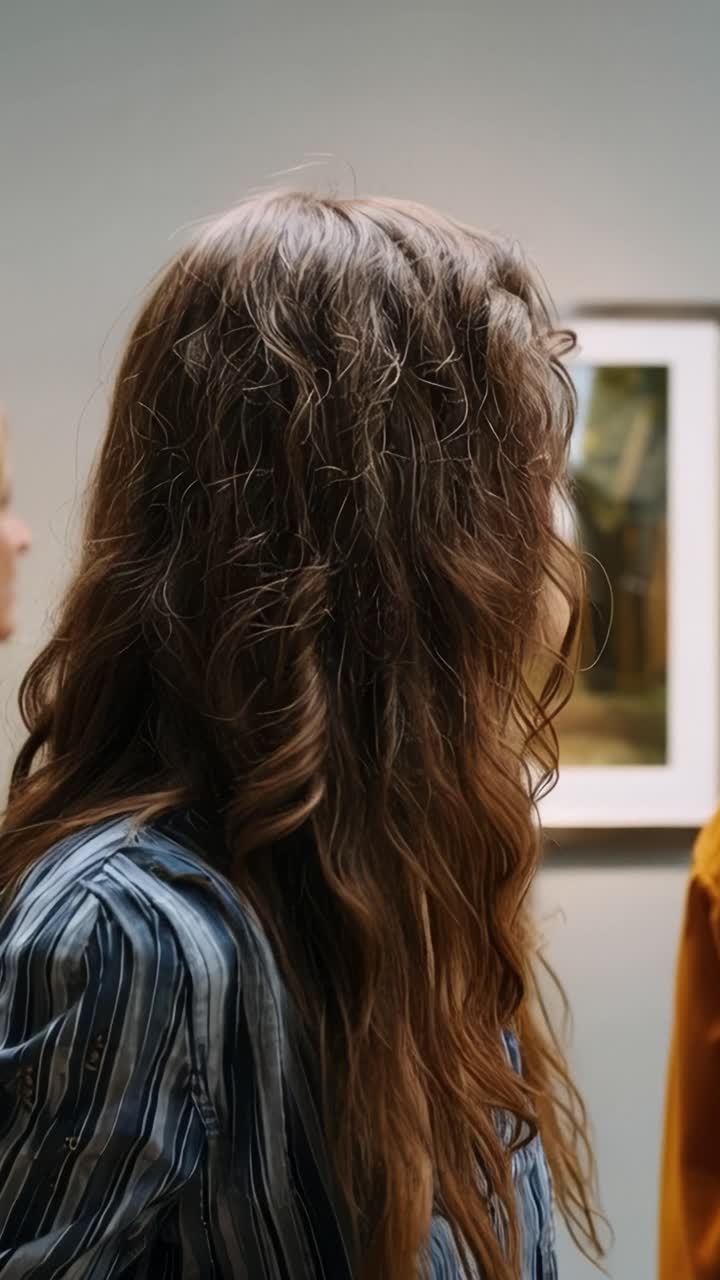 Una mujer con cabello largo y ondulado contempla una obra de arte. Otra mujer con gafas, vestida de naranja, observa con interés discreto. Ambas están en una galería, rodeadas de cuadros enmarcados. Se percibe una sensación de quietud.
