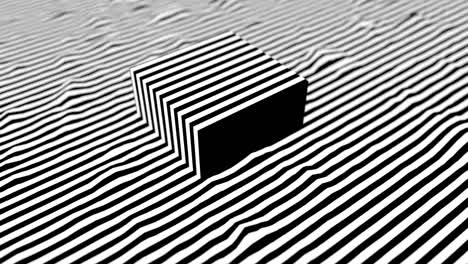 rayas negras y blancas superficie ondulante con forma de cubo moviéndose en la parte superior de ella. profundidad de campo. animación de bucle de fondo isométrico moderno. renderización 3d.
