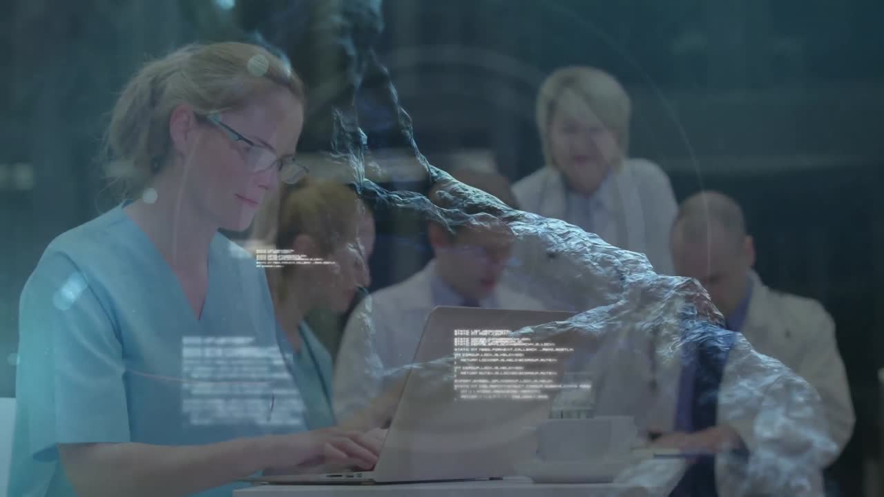 Digital animation of medical data processing against group of medical professional discussing togeth