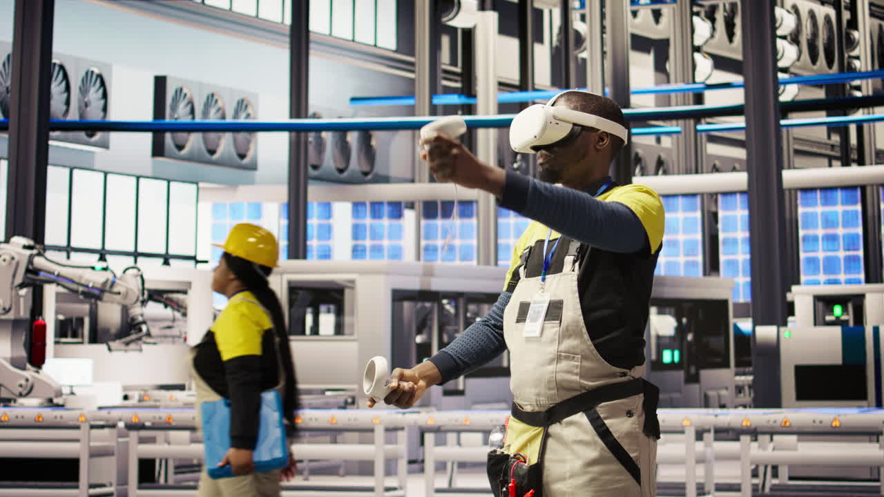 Vertical video Smart factory specialist using virtual reality simulation to predict failures