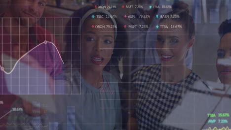 animation of data processing and diagrams over diverse colleagues discussing work in office