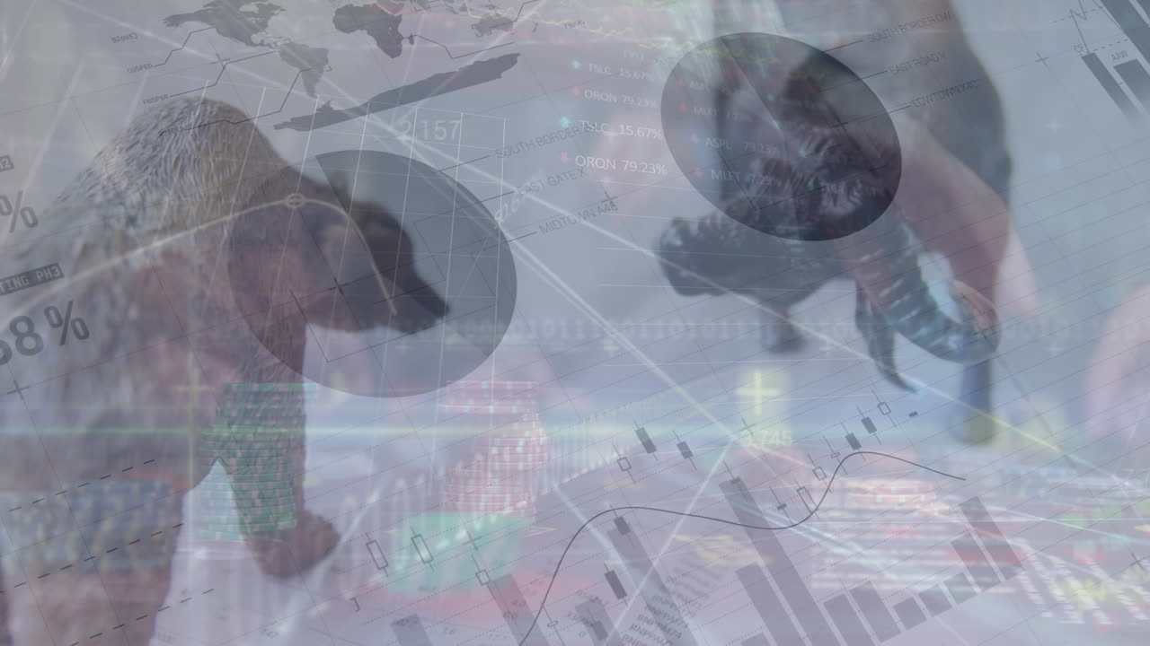 Animation of financial data processing over bear and bull and casino
