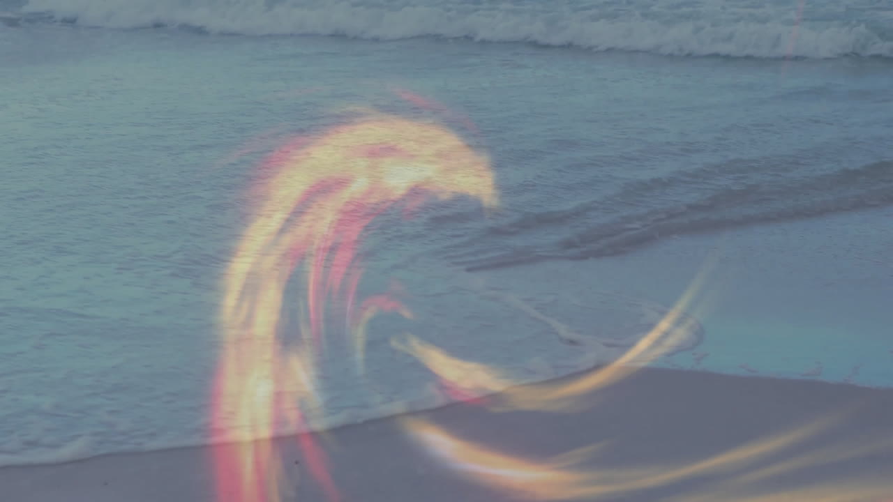 Colorful light wave animation over ocean waves on sandy beach