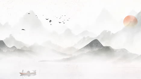 아름다운 아침 하늘, 산, 꽃, 호수, 고대 집의 환상적인 밝은 분위기 풍경, 간단한 애니메이션과 함께 일본어 중국 애니메이션 수채화 스타일