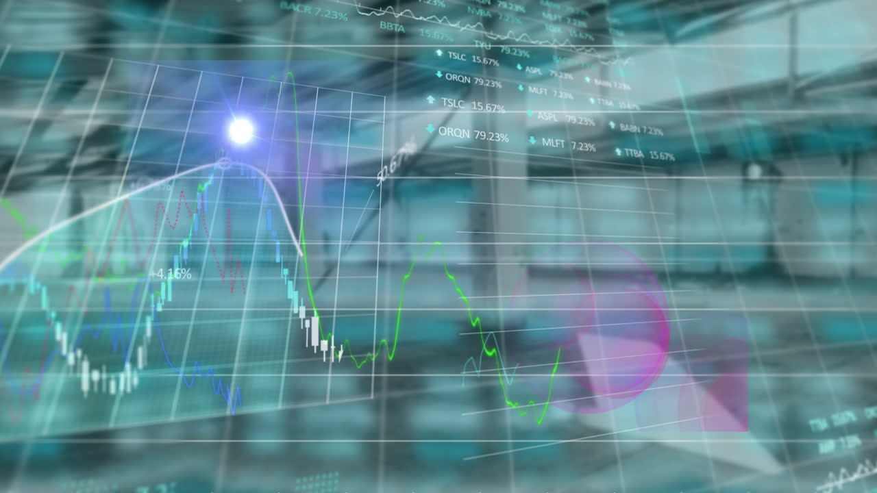 Animation of financial data processing over empty warehouse