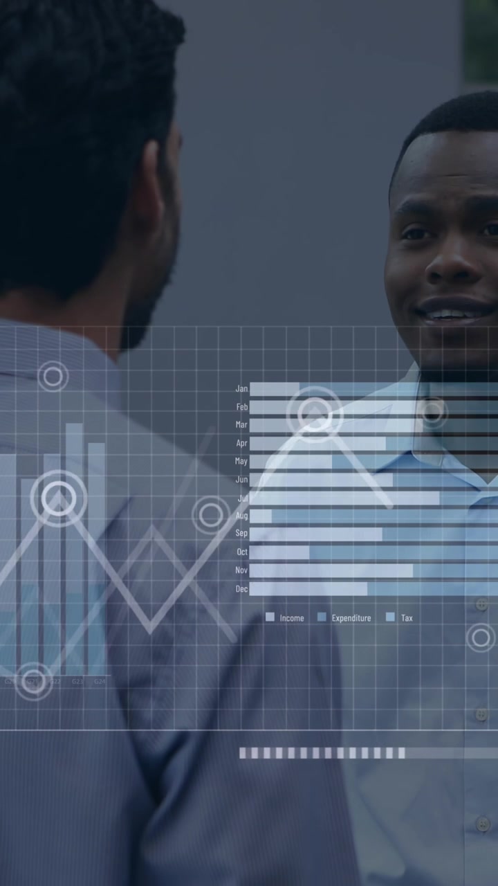 Animation of interface with data processing over two diverse men discussing at office