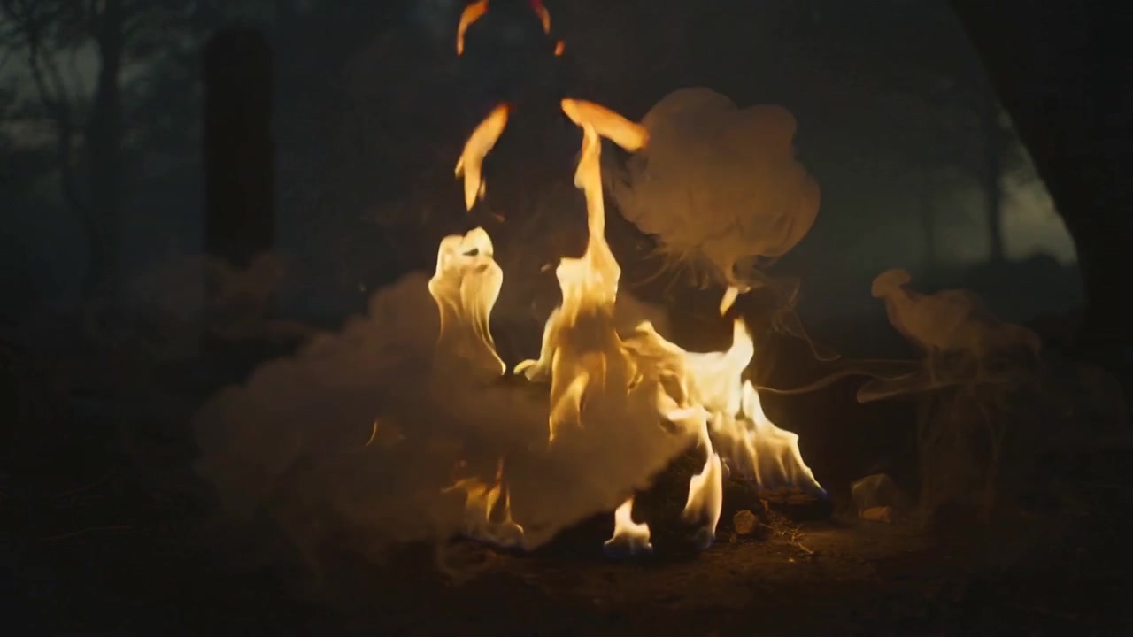 Un piccolo falò che scintilla, consumando tronchi in fiamme a terra in una radura boscosa buia, producendo fumo.