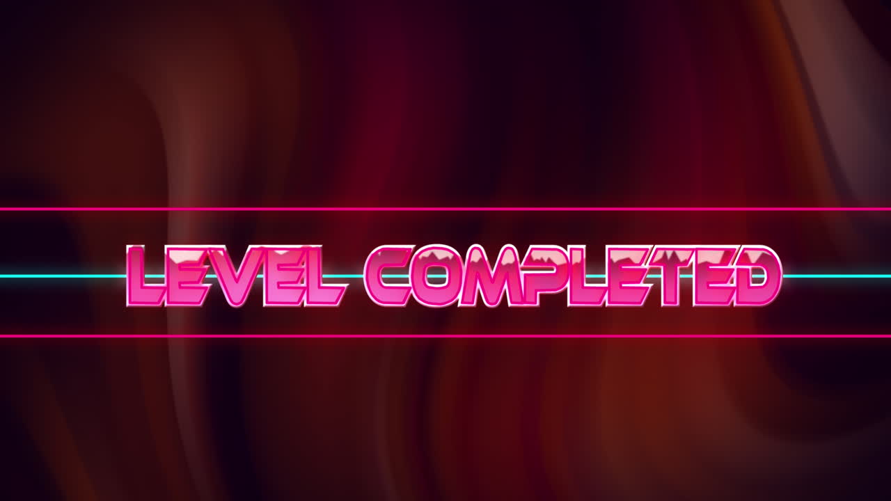 검은색 바탕에 빨간색 디지털 파동에 대한 레벨 완료 텍스트에 대한 글리치 효과의 애니메이션