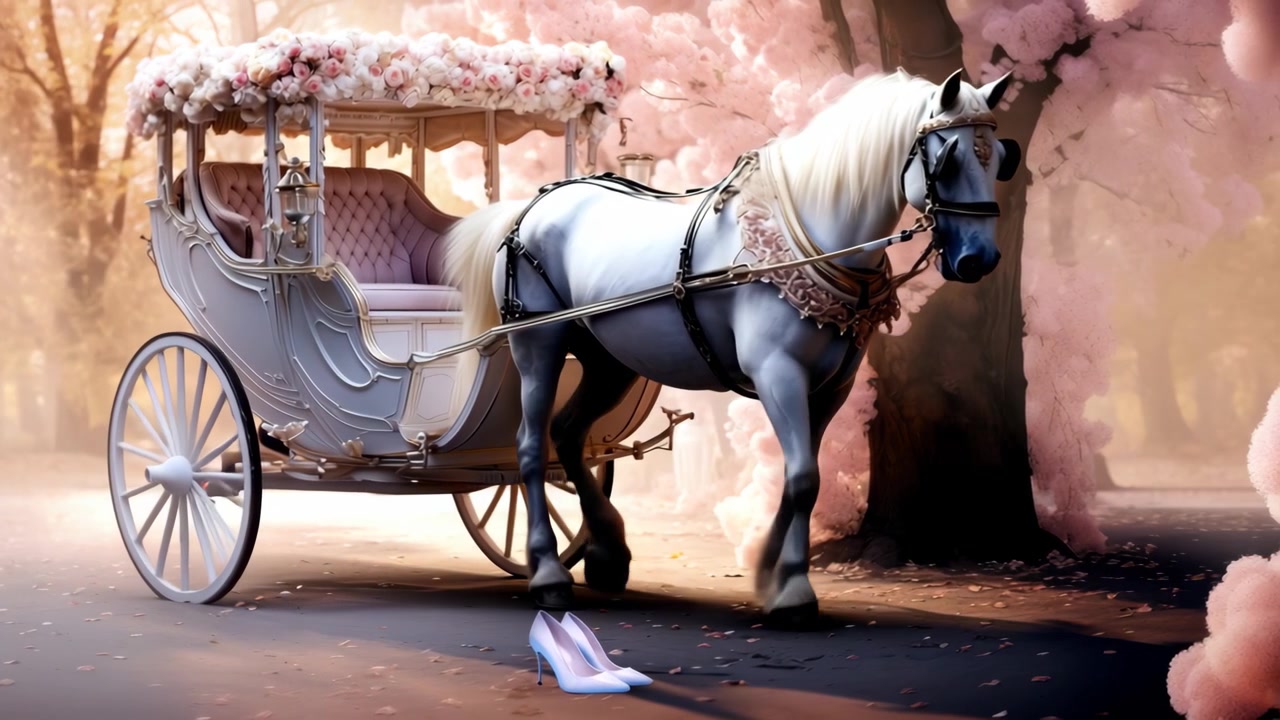 Cavallo bianco e carrozza incantati con scarpe col tacco perse in un giardino in fiore