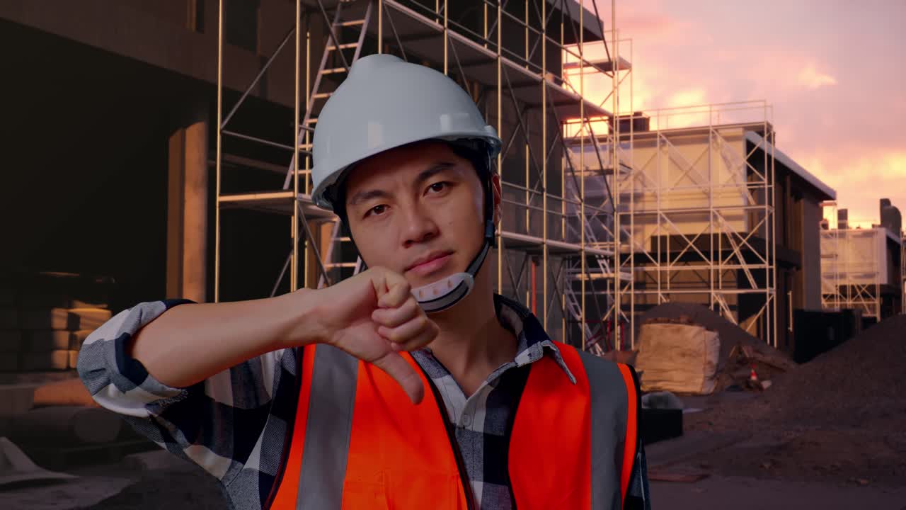 Construction Worker Giving Thumbs Down Gesture at Building Site