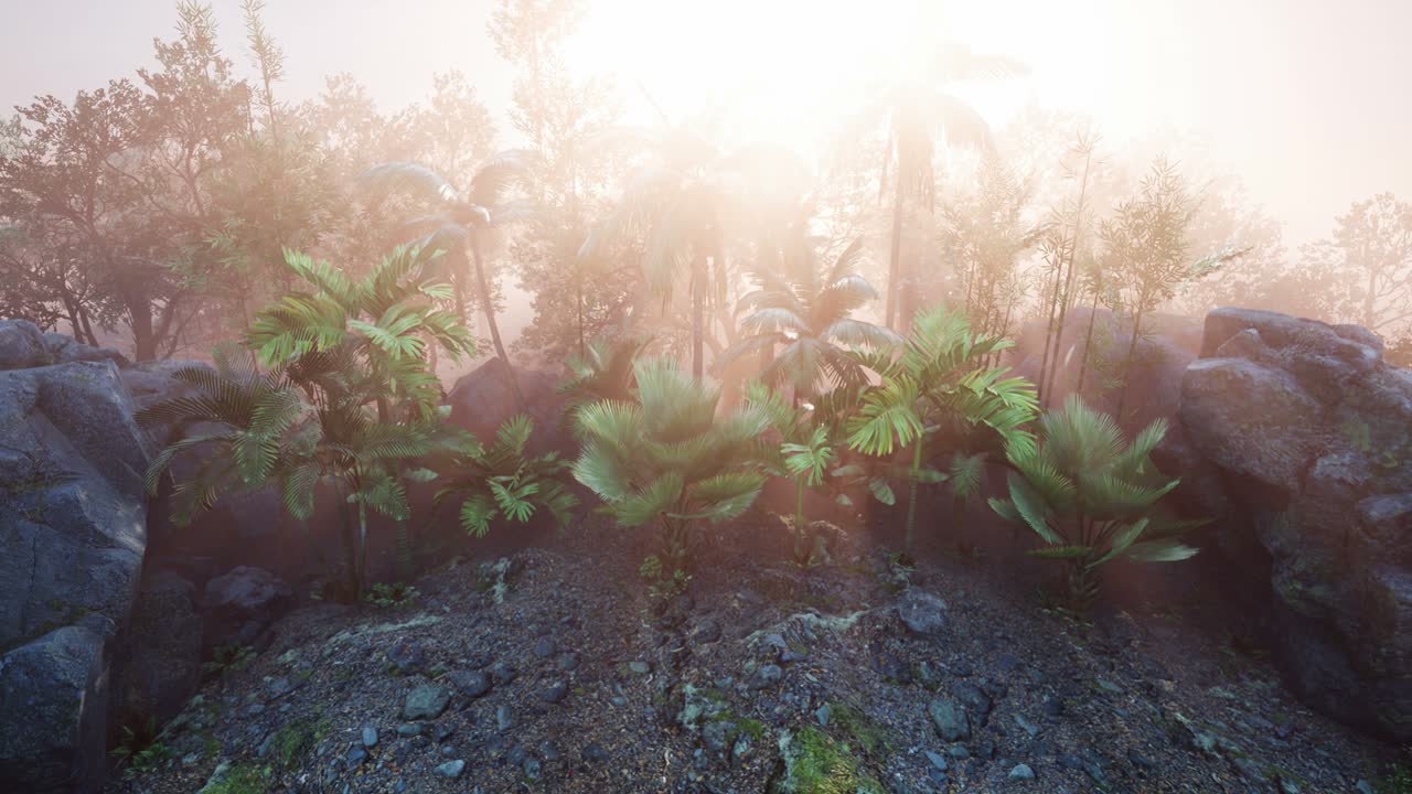 los rayos del atardecer a través de las palmeras