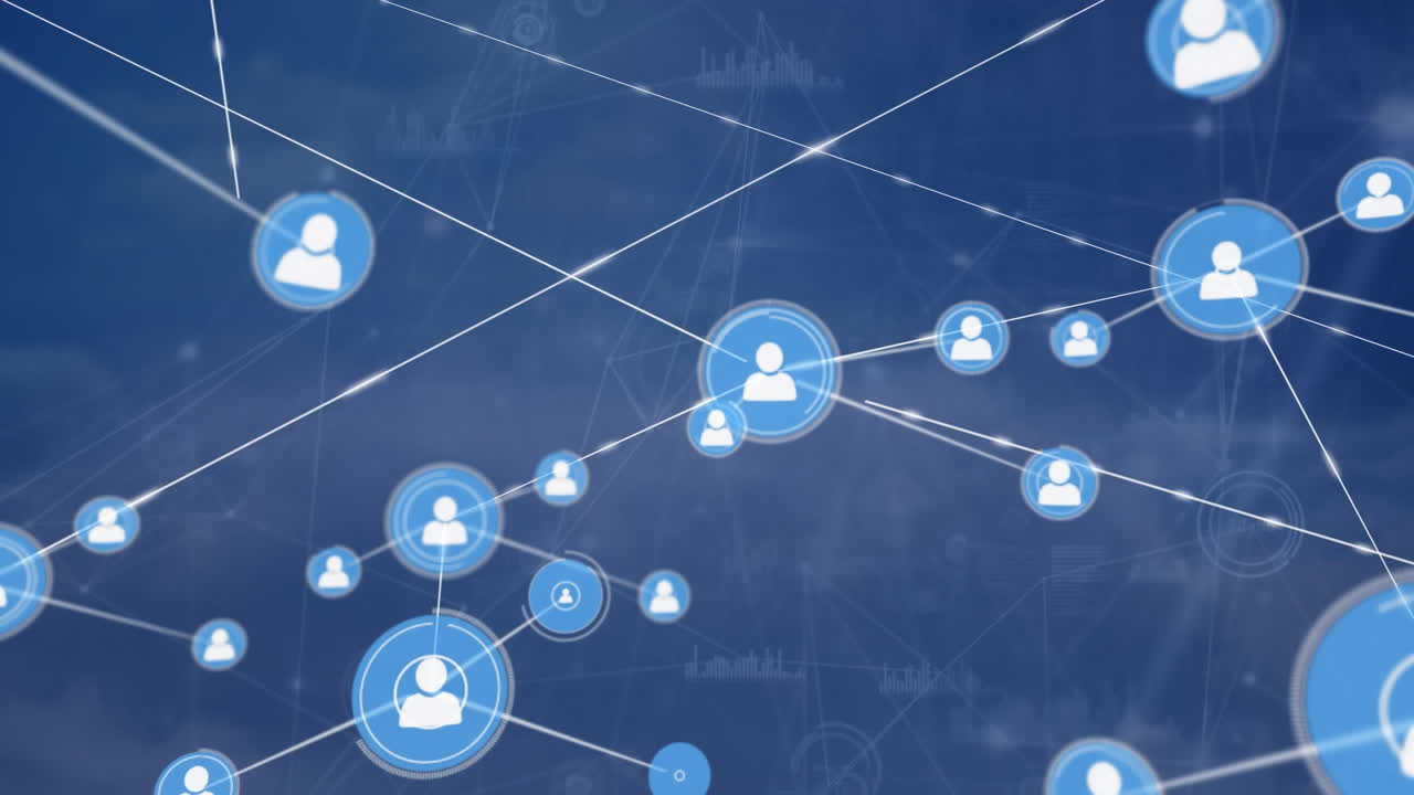 animación de la red de conexiones con iconos digitales y placa de circuito